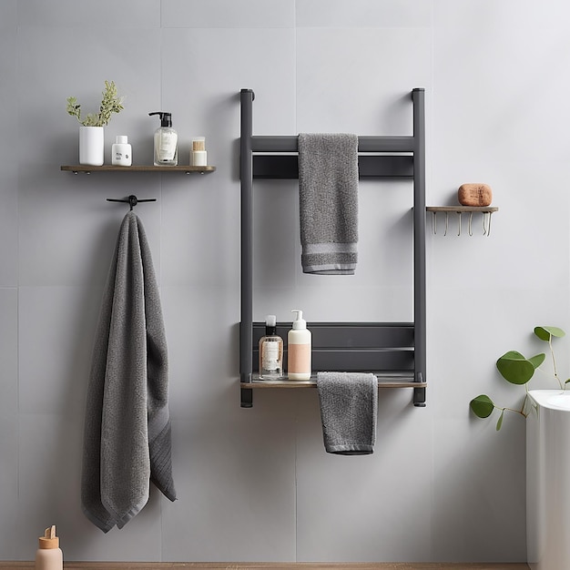 a bathroom with a shelf with towels and bathroom accessories