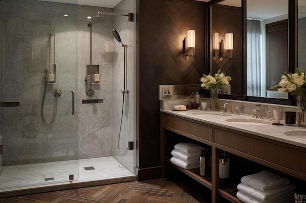 A bathroom with a shower and a glass door