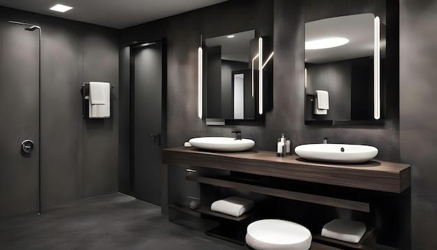 a bathroom with a sink and a mirror with the reflection of a towel rack