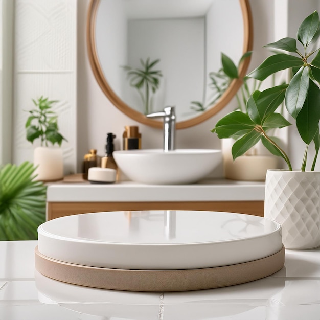 a bathroom with a sink potted plant and a round sink