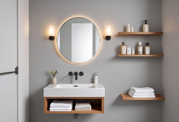 Photo a bathroom with a sink a shelf and a shelf with various products on it