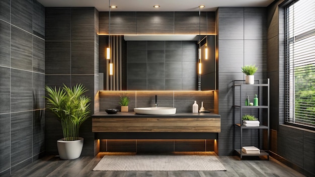 Photo a bathroom with a sink and a shelf with plants and a shelf with a plant in it