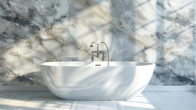 A bathroom with a sleek marble wall and floor The luxurious marble design adds elegance and sophist