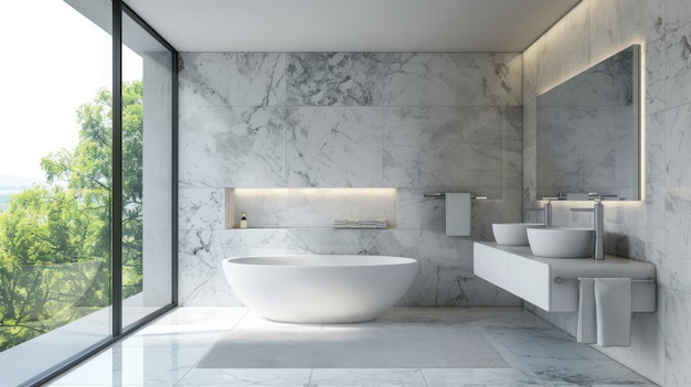 A bathroom with a sleek marble wall and floor The luxurious marble design adds elegance and sophist