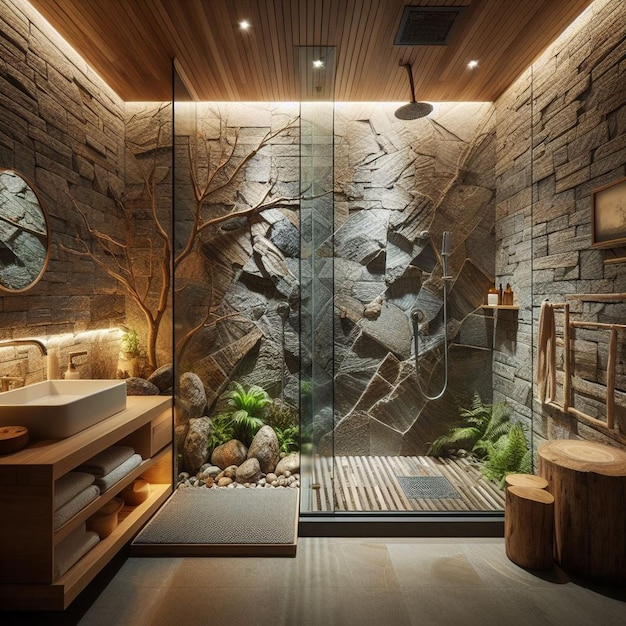 a bathroom with a stone wall and a plant on the wall