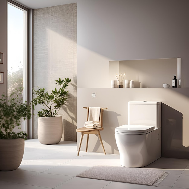 a bathroom with a toilet and a plant on the wall