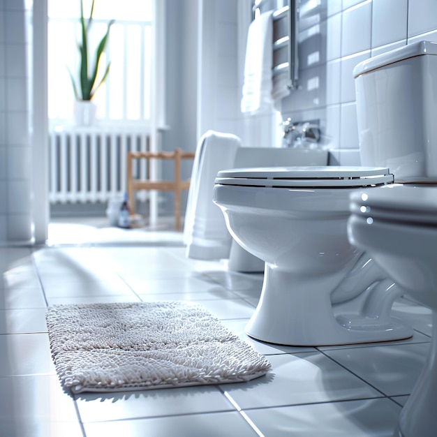 a bathroom with a toilet and a rug on the floor