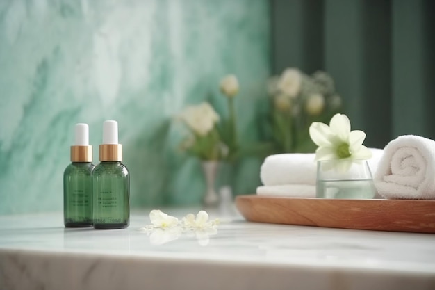 A bathroom with a towel, two bottles of shampoo and a flower on a tray.