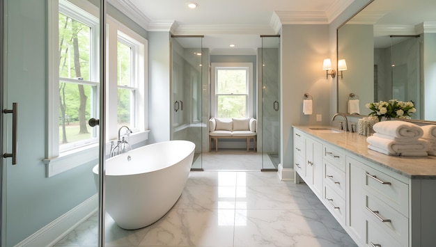 a bathroom with a tub and a bathtub with a large tub and a window