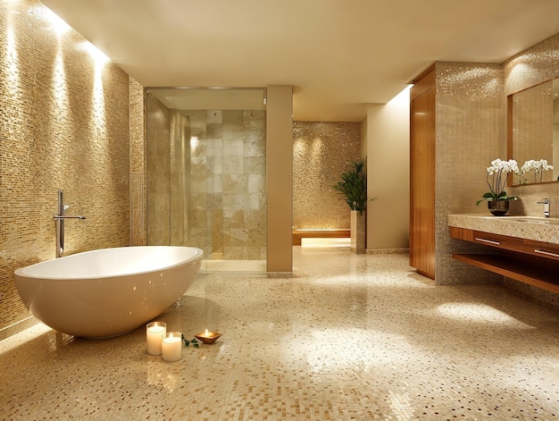 a bathroom with a tub and candles in it