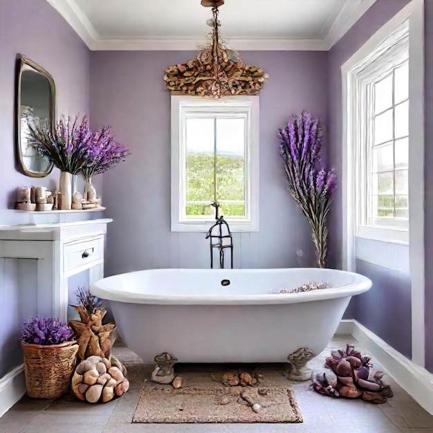 a bathroom with a tub and a chandelier hanging from the ceiling