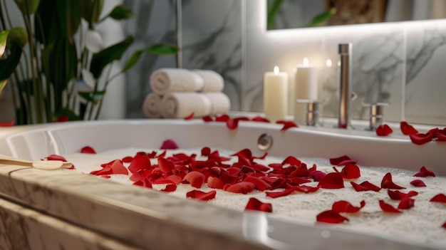 Bathroom with a tub filled rose petals on foam surrounded by candles for a romantic atmosphere