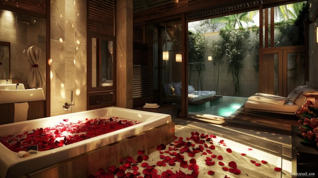 Bathroom with tub filled rose petals for romantic atmosphere Spa shop put flowers in tub for lover