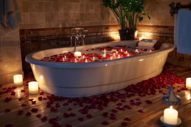 Bathroom with a tub filled rose petals surrounded by candles for a romantic atmosphere