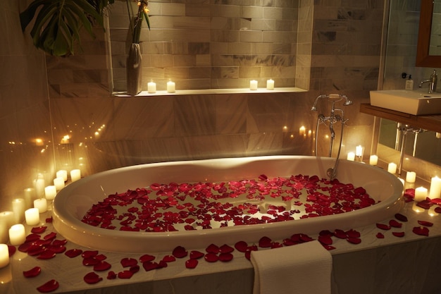 Bathroom with a tub filled rose petals surrounded by candles for a romantic atmosphere