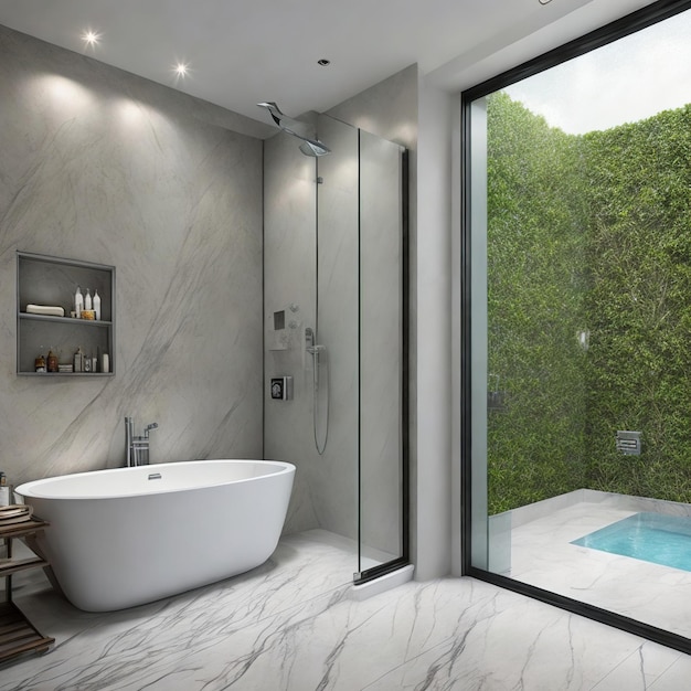 A bathroom with a tub and a glass door