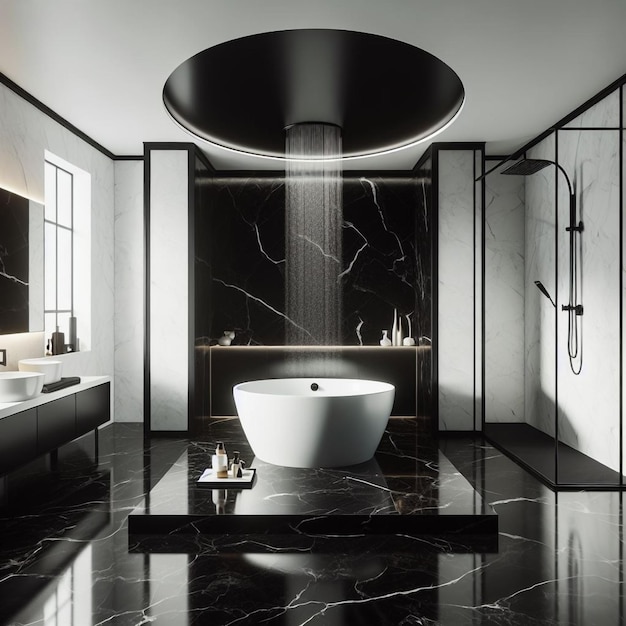 a bathroom with a tub and a large mirror above it