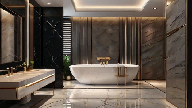 A bathroom with a tub and a large tub with gold accents