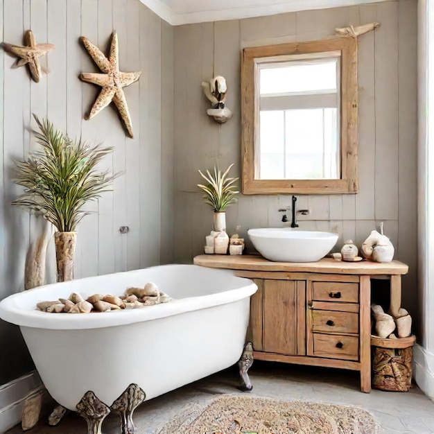 a bathroom with a tub and a plant in the corner