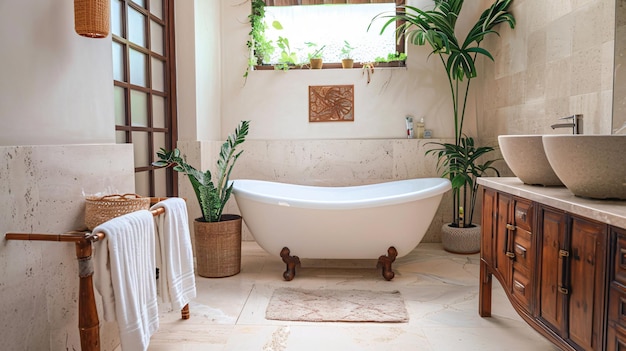 a bathroom with a tub and plants