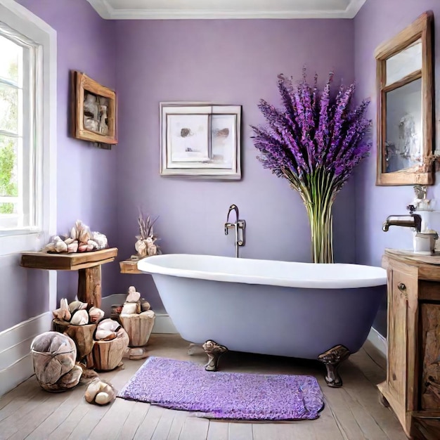 a bathroom with a tub and a purple flower in it