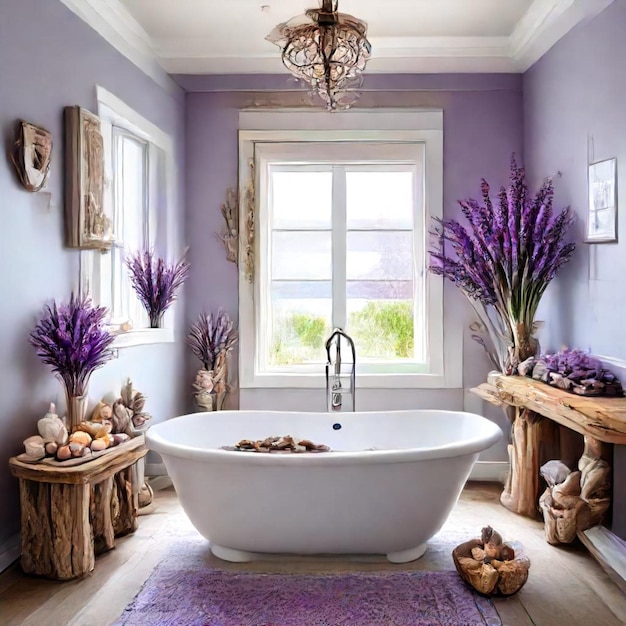 a bathroom with a tub and purple flowers on the floor