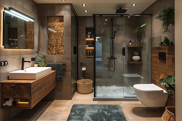 Photo a bathroom with a tub and a shower with a rug on the floor