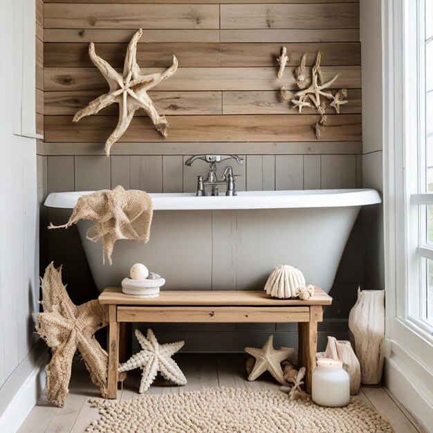 Photo a bathroom with a tub a sink and a starfish on the wall