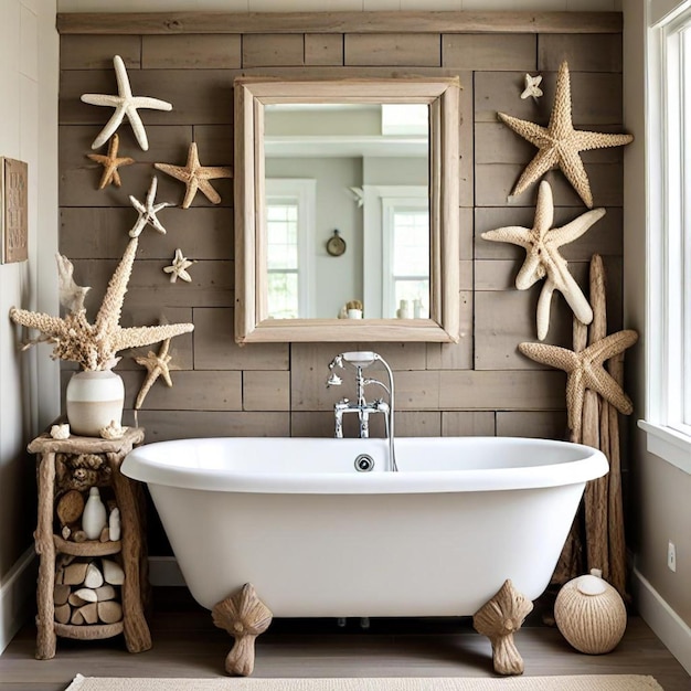 a bathroom with a tub and starfish on the wall