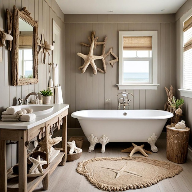 a bathroom with a tub and a towel rack with a star on it