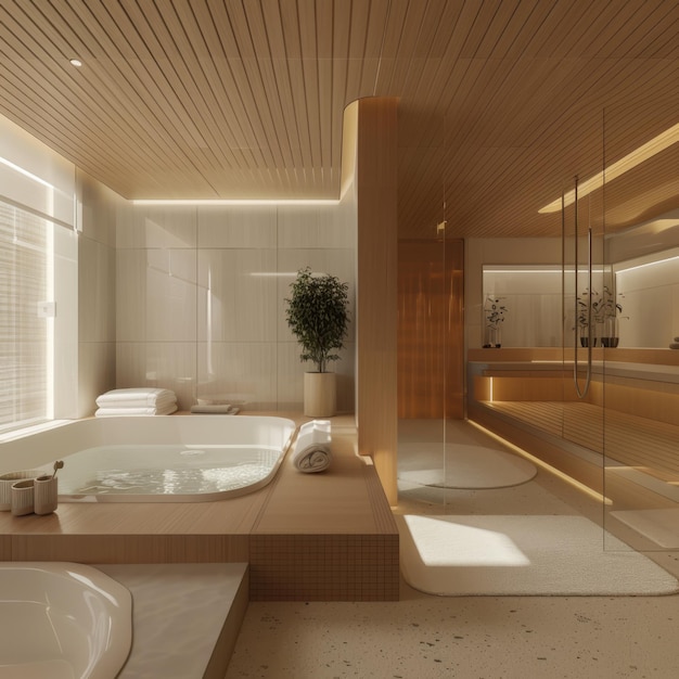 a bathroom with a tub and a tub with a plant in it