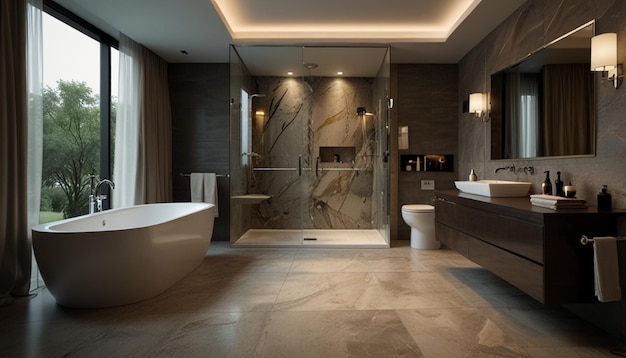 Photo a bathroom with a tub and two sinks and a bathtub