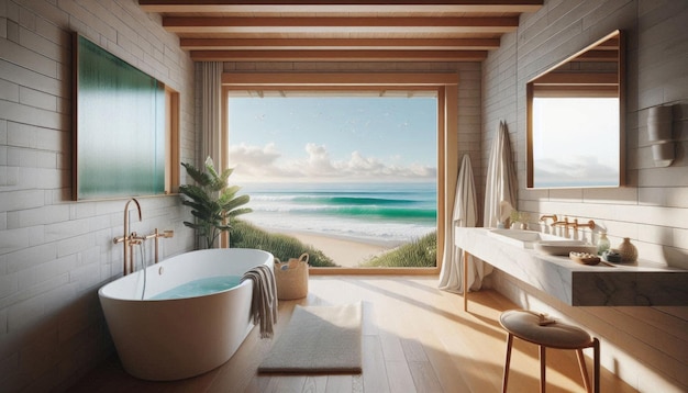 Photo a bathroom with a tub and a window that has the ocean in it