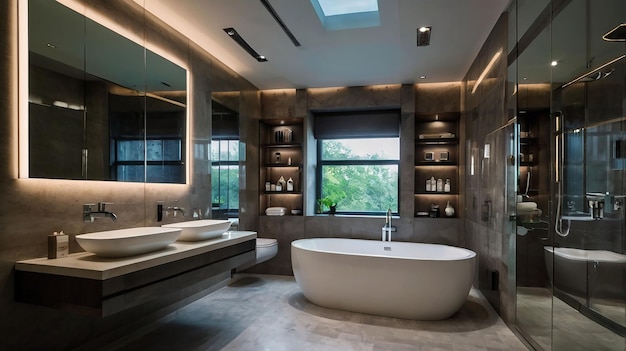 a bathroom with a tub and a window that has a skylight above it