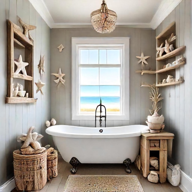 a bathroom with a tub and a window with the words  sea  on the wall