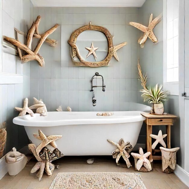 Photo a bathroom with a tub and a wreath with sea shells on it