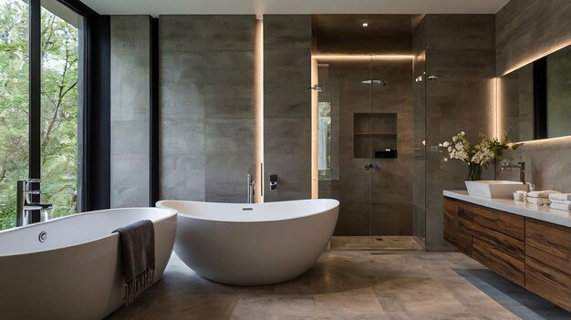 a bathroom with two sinks and a bathtub with a shower curtain