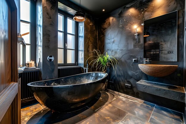 Photo a bathroom with two sinks and a green plant in the middle