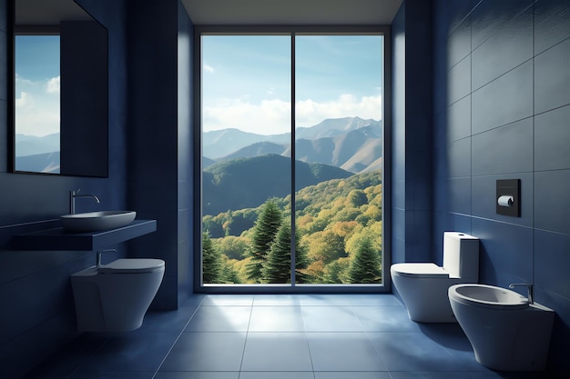 A bathroom with two toilets and a large window that says mountain view.