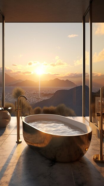 A bathroom with a view of the mountains and the sunset.