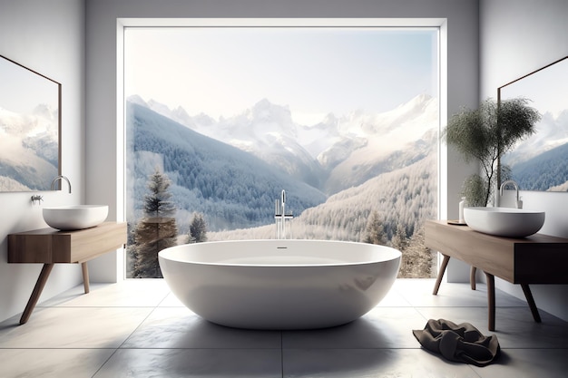 A bathroom with a view of the mountains and a tub with a view of the mountains.