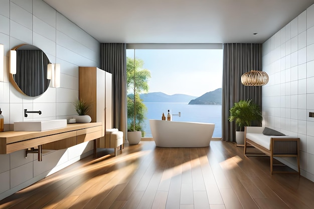 A bathroom with a view of the sea and mountains