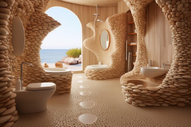 Photo a bathroom with walls covered in various sizes of rocks in a beachthemed decor generative ai