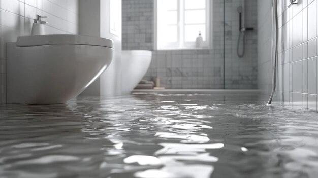 Photo a bathroom with water pooling on the floor due to a leaking pipe under the sink