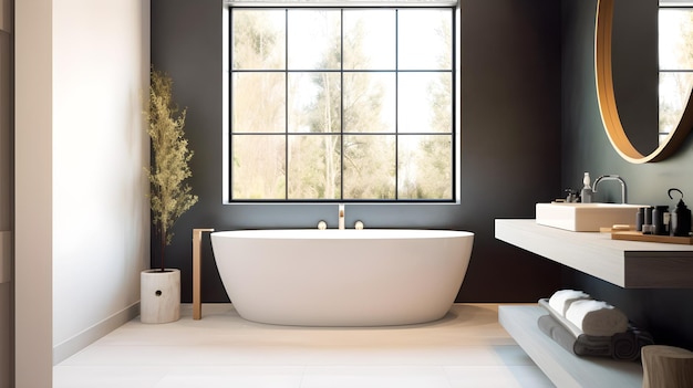 A bathroom with a white bathtub and a window with a view of the outdoors.