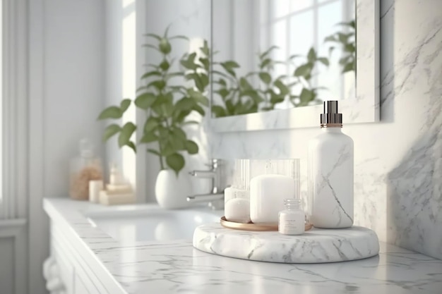 A bathroom with a white counter and a lot of white soaps on it.