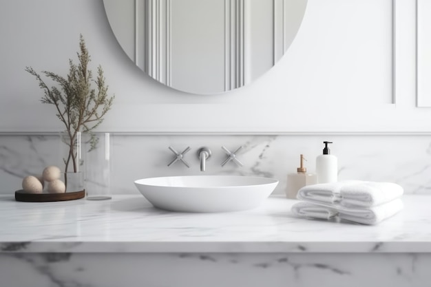 A bathroom with a white sink and a white sink with a soap dispenser on it Generative AI