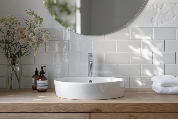 Bathroom with White Tiles and Wooden Vanity White tiled walls wooden vanity and minimal accessories Clean uncluttered space with modern fixtures