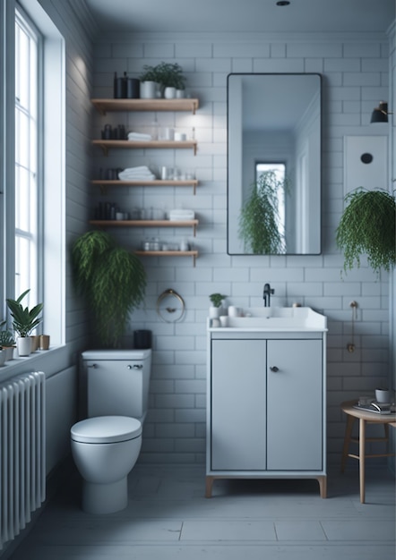 A bathroom with a white toilet and a white sink with a green plant on the shelf.