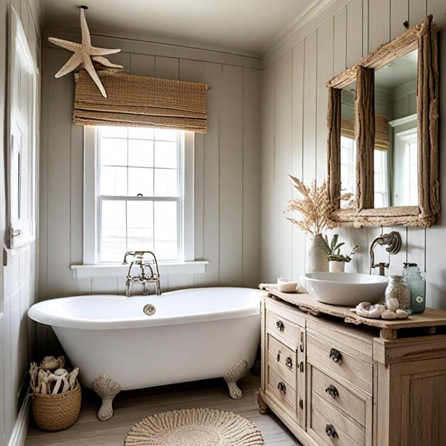 a bathroom with a white tub and a window that says  star  on the side